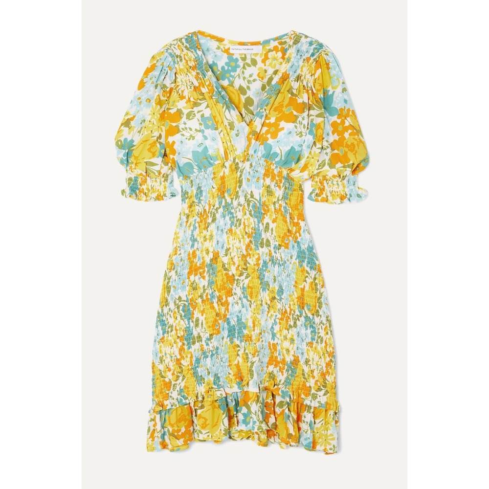 Faithfull The Brand Margherita Floral Smocked Mini Dress Yellow Blue Size S 4